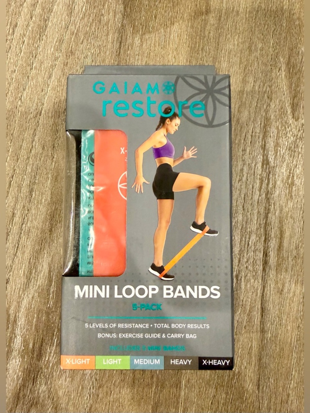 GAIAM Restore 5-Pack of Mini Loop Bands 5 Levels of Resistance & Carry Bag